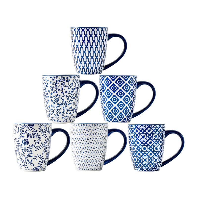 Gibsimi Ceramic Coffee Mugs Set 16 Oz Large Porcelain Tea Cups with Handle for Men Women Latte Cocoa Cappuccino Christmas Housewarming Gift Dishwasher Safe Set of 6 Vintage Blue