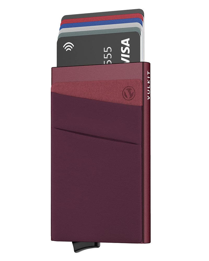 VULKIT Card Holder with Money Pocket Pop Up Wallet RFID Blocking Slim Metal Bank Card Case Holds 5 Cards and Notes (Wine) - Image 1