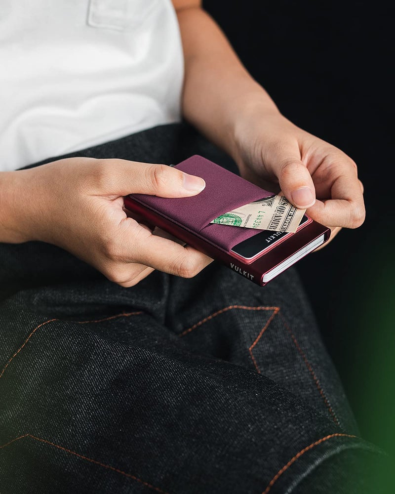 VULKIT Card Holder with Money Pocket Pop Up Wallet RFID Blocking Slim Metal Bank Card Case Holds 5 Cards and Notes (Wine) - Image 4