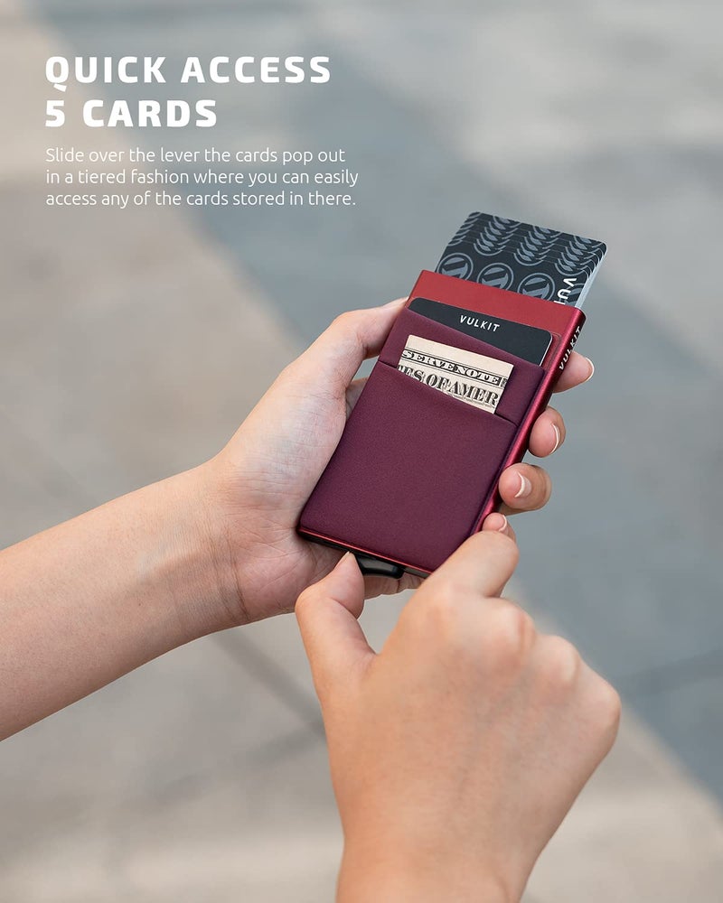 VULKIT Card Holder with Money Pocket Pop Up Wallet RFID Blocking Slim Metal Bank Card Case Holds 5 Cards and Notes (Wine) - Image 2