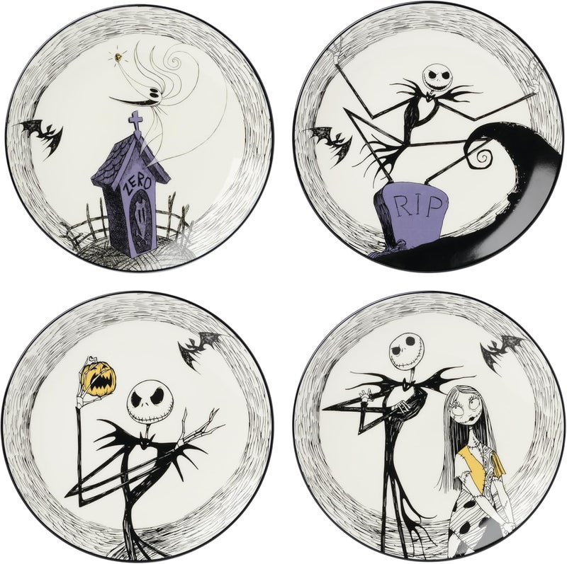 LENOX Dinnerware Set, Nightmare Before Christmas Accent Plates Set For 4, Jack Skellington, Halloween Decor Indoor, Porcelain, Dishwasher Safe, Microwave Safe, Halloween Dishes (White/Black, 4 Pieces) - Image 1