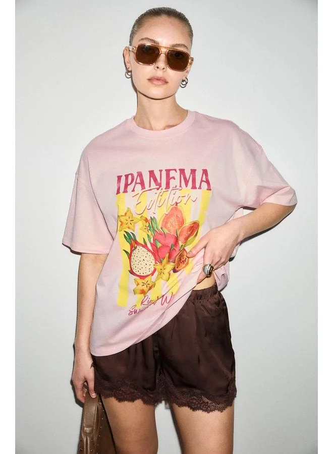 Grimelange WUNA Women's Soft Fabric 100% Organic Cotton Printed Detailed Pink T-Shirt.