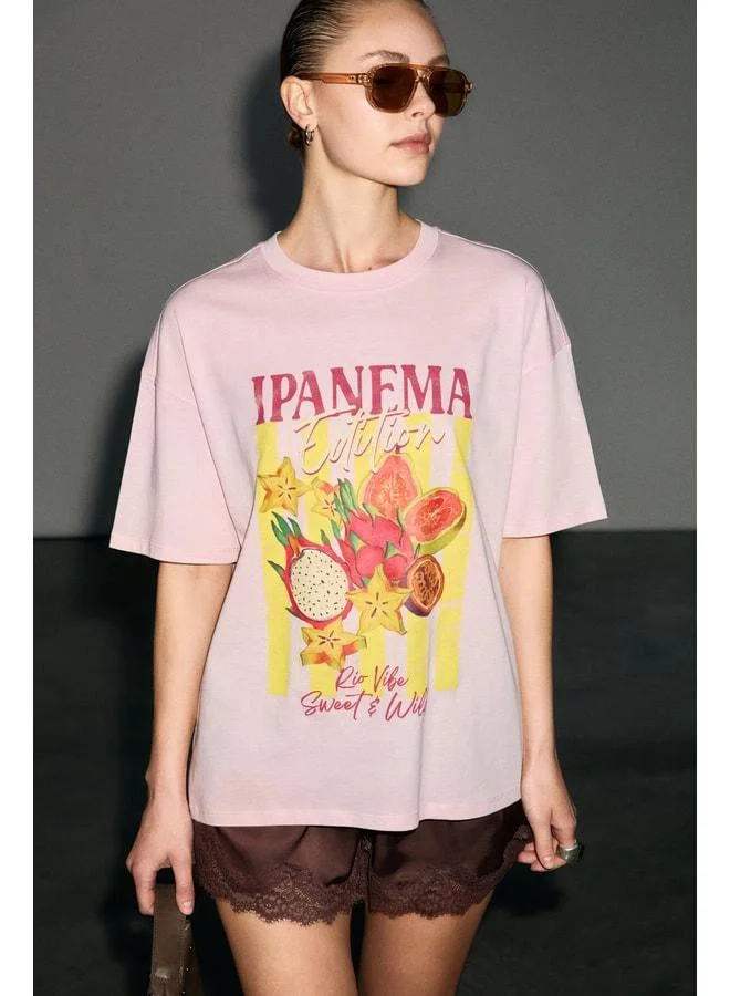 Grimelange WUNA Women's Soft Fabric 100% Organic Cotton Printed Detailed Pink T-Shirt.