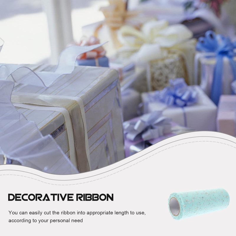 لوروز جليتر تول رول (Lurrose Glitter Tulle Ribbon Roll)، بطول 15 سم وعرض 25 ياردة، من القماش الشبكي المتلألئ، مناسب للزينة اليدوية في حفلات الزفاف، بلون أزرق فاتح. - Image 5