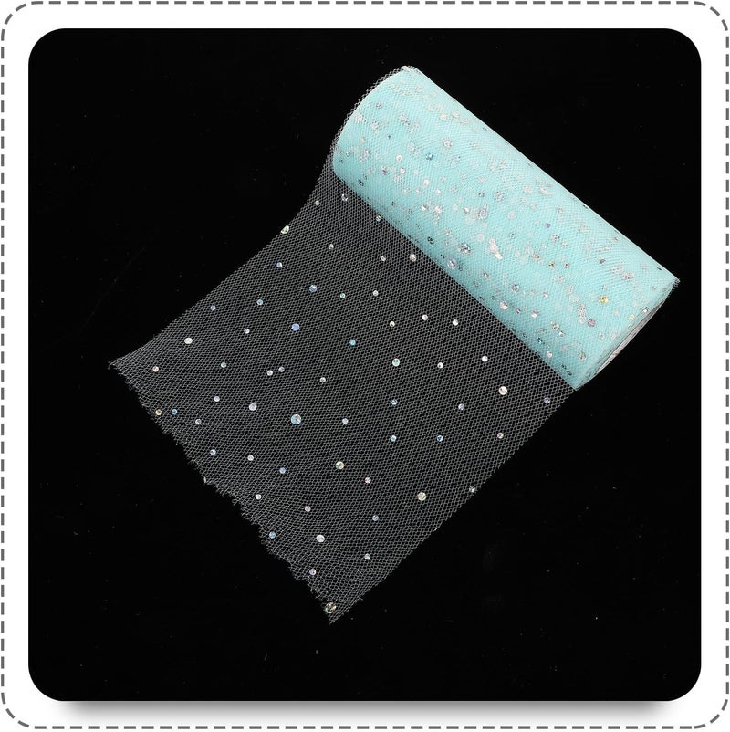 لوروز جليتر تول رول (Lurrose Glitter Tulle Ribbon Roll)، بطول 15 سم وعرض 25 ياردة، من القماش الشبكي المتلألئ، مناسب للزينة اليدوية في حفلات الزفاف، بلون أزرق فاتح. - Image 2