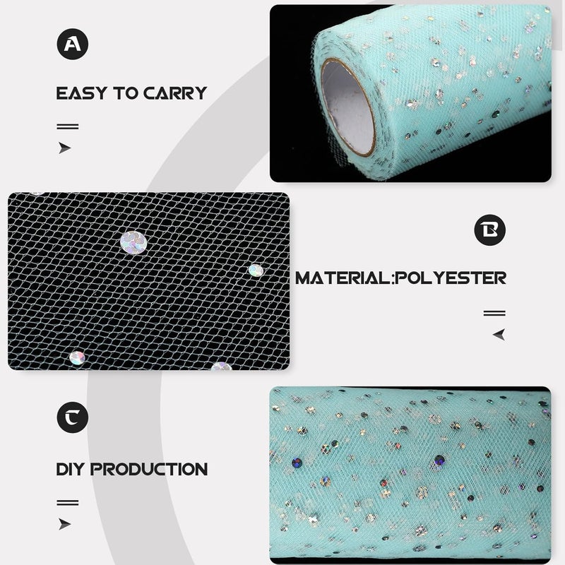 لوروز جليتر تول رول (Lurrose Glitter Tulle Ribbon Roll)، بطول 15 سم وعرض 25 ياردة، من القماش الشبكي المتلألئ، مناسب للزينة اليدوية في حفلات الزفاف، بلون أزرق فاتح. - Image 3