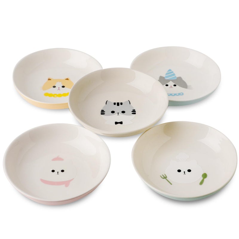 Seyatoo Ceramic Cat Bowls Set - 5.7 inch Wide Cat Food Bowls Whisker Fatigue Friendly, 5 Colorful Kitten Dish Plates with Cute Pattern for Wet and Dry Food Water - Image 2