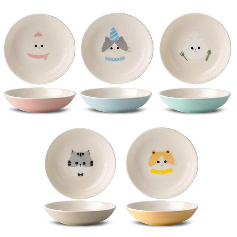 Seyatoo Ceramic Cat Bowls Set - 5.7 inch Wide Cat Food Bowls Whisker Fatigue Friendly, 5 Colorful Kitten Dish Plates with Cute Pattern for Wet and Dry Food Water - Image 1
