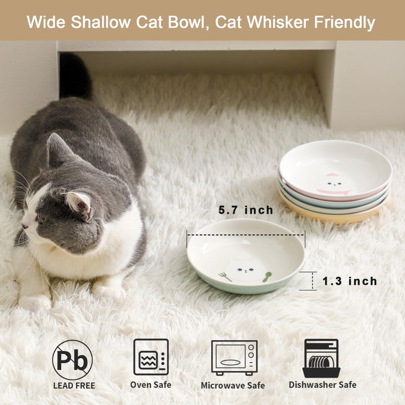 Seyatoo Ceramic Cat Bowls Set - 5.7 inch Wide Cat Food Bowls Whisker Fatigue Friendly, 5 Colorful Kitten Dish Plates with Cute Pattern for Wet and Dry Food Water - Image 3
