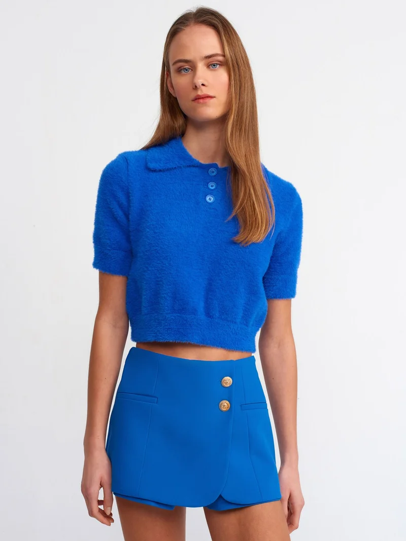 Dilvin 10475 Polo Collar Buttoned Soft Textured Crop Sweater-Sax