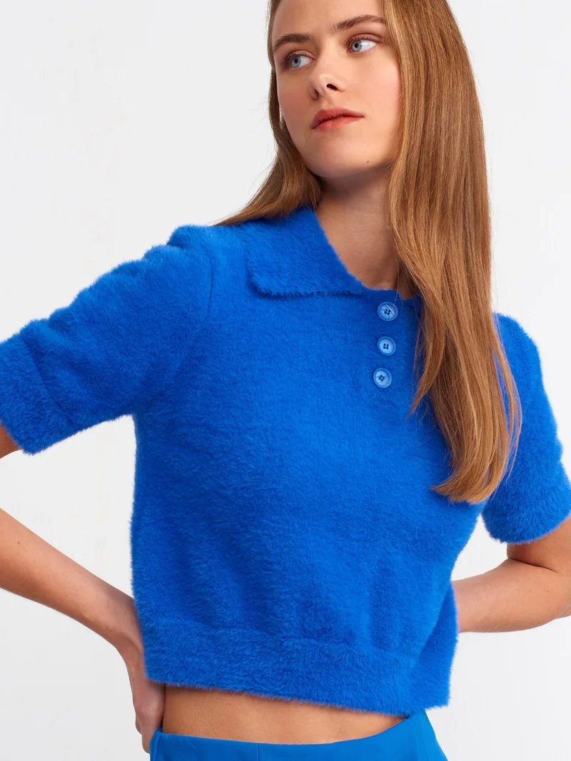 Dilvin 10475 Polo Collar Buttoned Soft Textured Crop Sweater-Sax