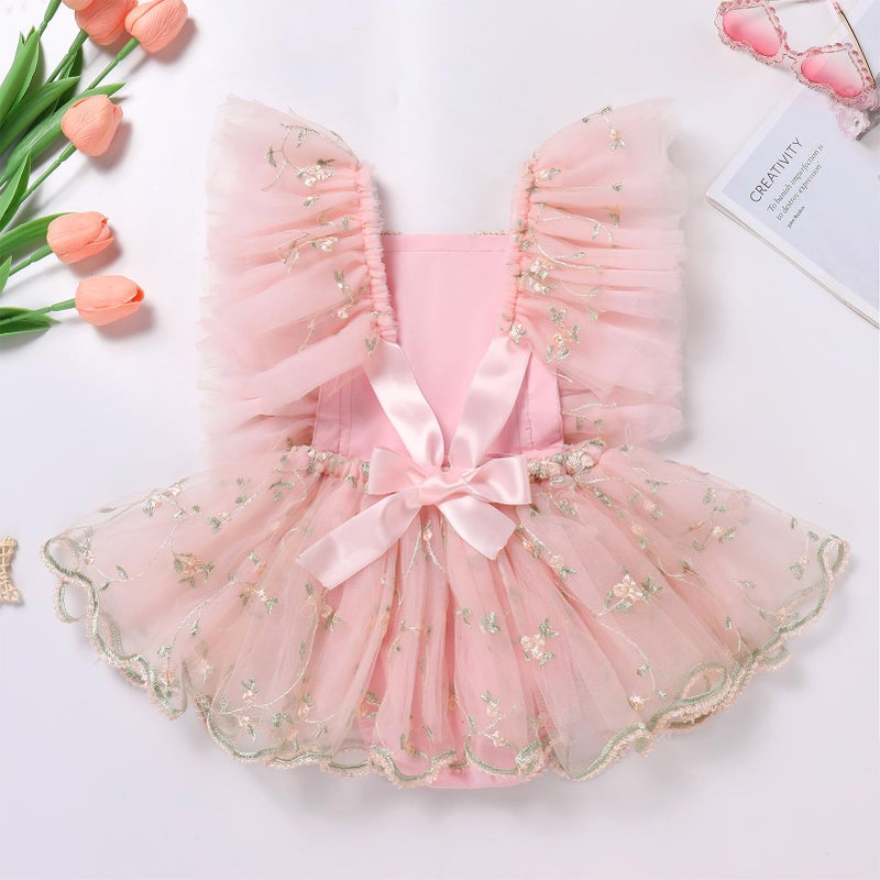 ODASDO First Birthday Outfit Girl Baby Fairy Romper Toddlers Party Dress Floral Embroidery Tulle Tutu Princess Dresses 1st Half One Year Old Newborn Photo Shoot Props Summer Clothes Pink 6-9 Months - Image 5