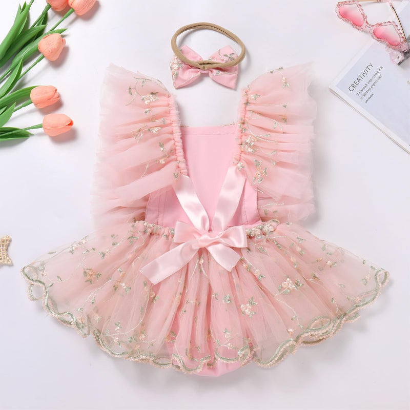 ODASDO First Birthday Outfit Girl Baby Fairy Romper Toddlers Party Dress Floral Embroidery Tulle Tutu Princess Dresses 1st Half One Year Old Newborn Photo Shoot Props Summer Clothes Pink 6-9 Months - Image 3