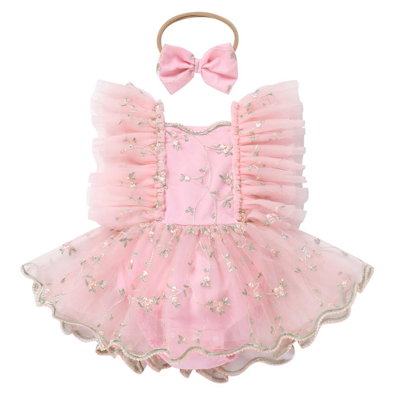 ODASDO First Birthday Outfit Girl Baby Fairy Romper Toddlers Party Dress Floral Embroidery Tulle Tutu Princess Dresses 1st Half One Year Old Newborn Photo Shoot Props Summer Clothes Pink 6-9 Months - Image 1