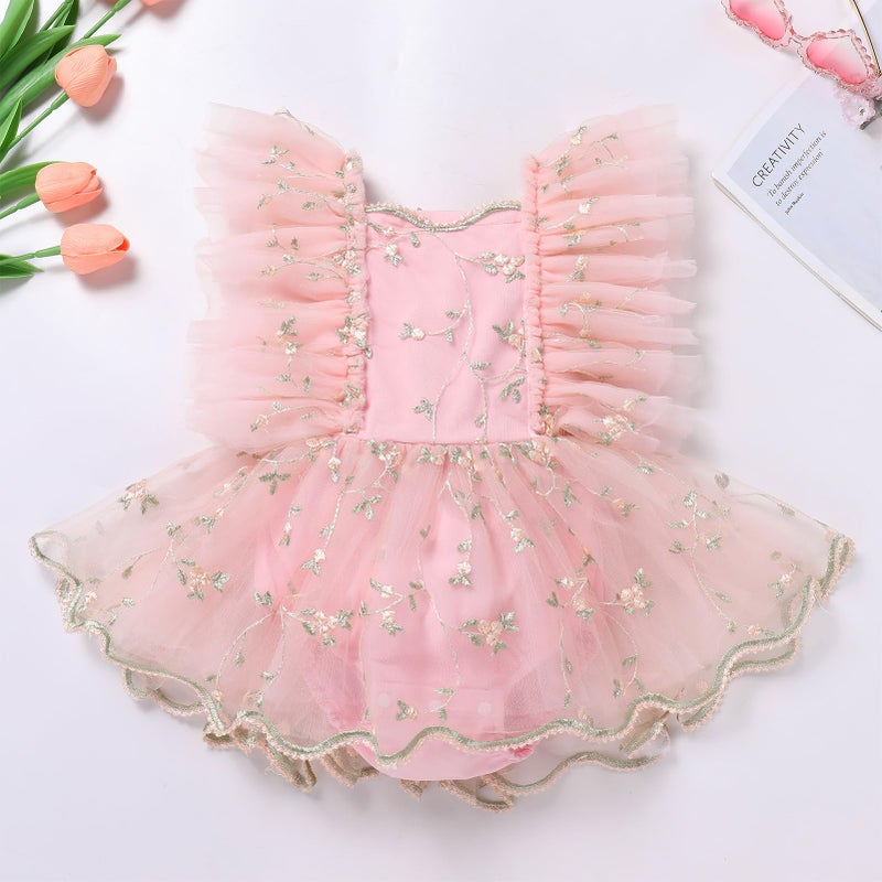 ODASDO First Birthday Outfit Girl Baby Fairy Romper Toddlers Party Dress Floral Embroidery Tulle Tutu Princess Dresses 1st Half One Year Old Newborn Photo Shoot Props Summer Clothes Pink 6-9 Months - Image 4