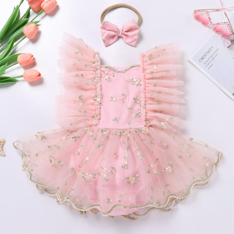 ODASDO First Birthday Outfit Girl Baby Fairy Romper Toddlers Party Dress Floral Embroidery Tulle Tutu Princess Dresses 1st Half One Year Old Newborn Photo Shoot Props Summer Clothes Pink 6-9 Months - Image 2