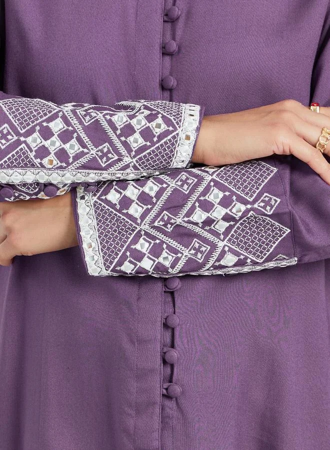 Styli Women Purple Embroidered Cuff Long Sleeve Shirt