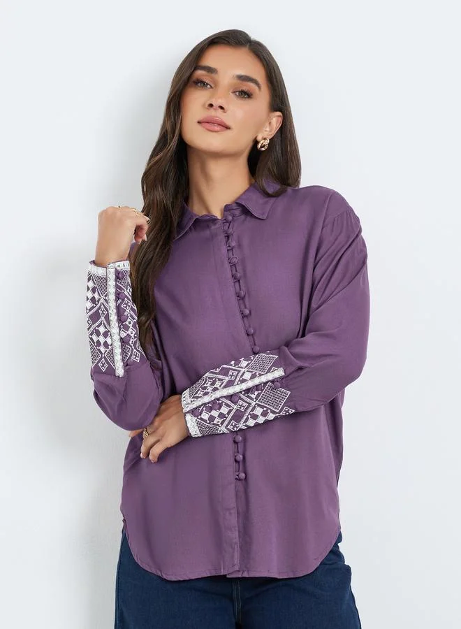 Styli Women Purple Embroidered Cuff Long Sleeve Shirt