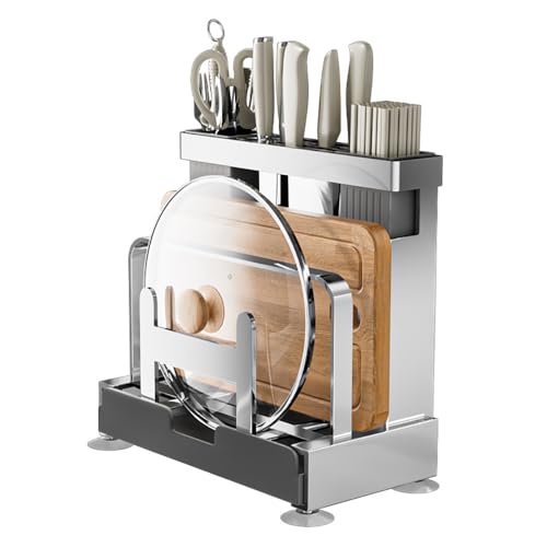 Vilemoon Multifunctional Cutting Board, Knife Drying Rack Kitchen Countertop Pot Lids Organizer, Knife Block Holder with Drain Tray Utensil Holders Bakeware Cookware Chopping Board Storage Stand - Image 1