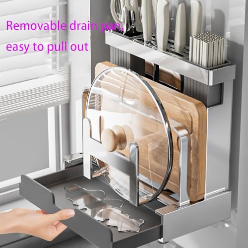 Vilemoon Multifunctional Cutting Board, Knife Drying Rack Kitchen Countertop Pot Lids Organizer, Knife Block Holder with Drain Tray Utensil Holders Bakeware Cookware Chopping Board Storage Stand - Image 3