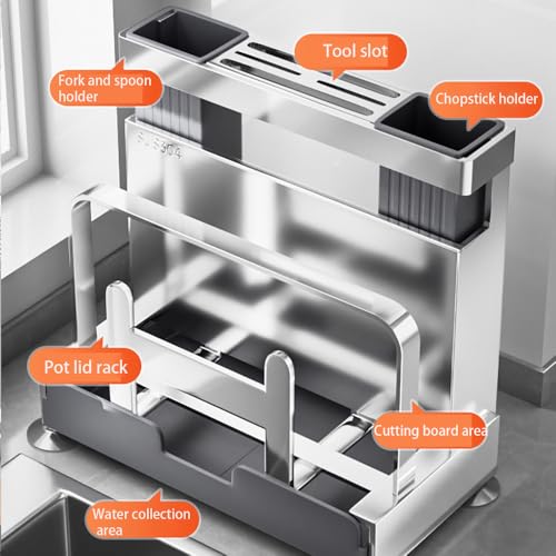 Vilemoon Multifunctional Cutting Board, Knife Drying Rack Kitchen Countertop Pot Lids Organizer, Knife Block Holder with Drain Tray Utensil Holders Bakeware Cookware Chopping Board Storage Stand - Image 5