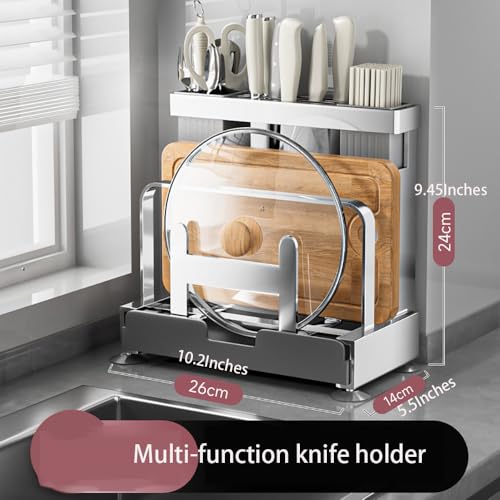 Vilemoon Multifunctional Cutting Board, Knife Drying Rack Kitchen Countertop Pot Lids Organizer, Knife Block Holder with Drain Tray Utensil Holders Bakeware Cookware Chopping Board Storage Stand - Image 4