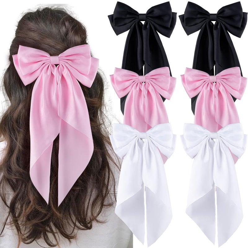hisial 6Pcs Large Bows Hair Clips for Women Girls Long Tail Hair Ribbon Silky Satin Barrettes Coquette Bows Accessories (Black/Pink/White) - Image 1
