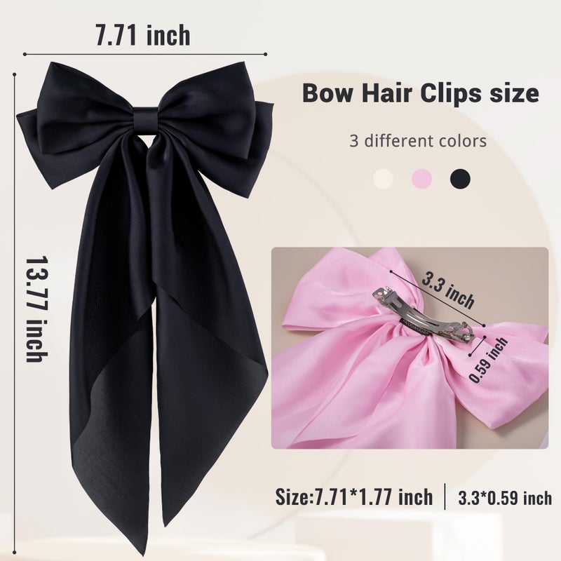 hisial 6Pcs Large Bows Hair Clips for Women Girls Long Tail Hair Ribbon Silky Satin Barrettes Coquette Bows Accessories (Black/Pink/White) - Image 2