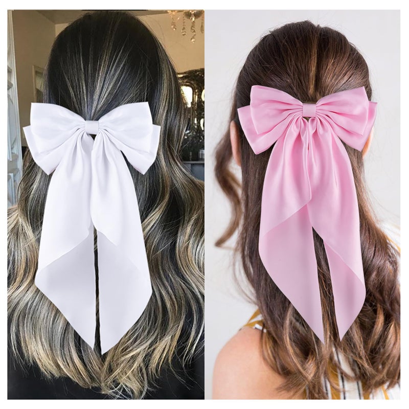 hisial 6Pcs Large Bows Hair Clips for Women Girls Long Tail Hair Ribbon Silky Satin Barrettes Coquette Bows Accessories (Black/Pink/White) - Image 4