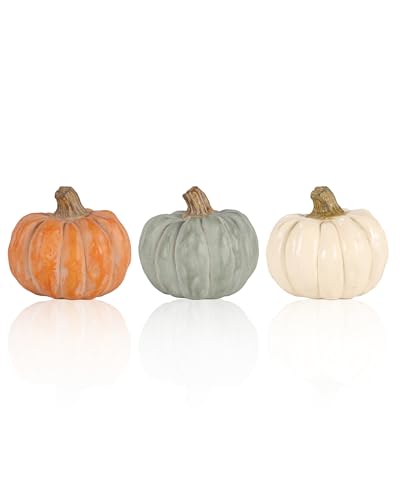 GoGnome Set of 3 Decorative Pumpkins Resin Fall Harvest Dcor in White Sage Green Orange Rustic Autumn Table Centerpiece for Thanksgiving Farmhouse Home Decoration White - Image 1