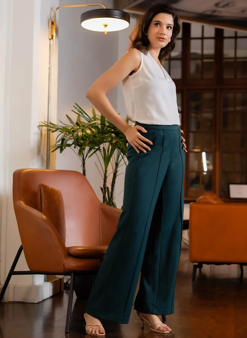 Zigzag Flared Ponte Trouser -Dark green