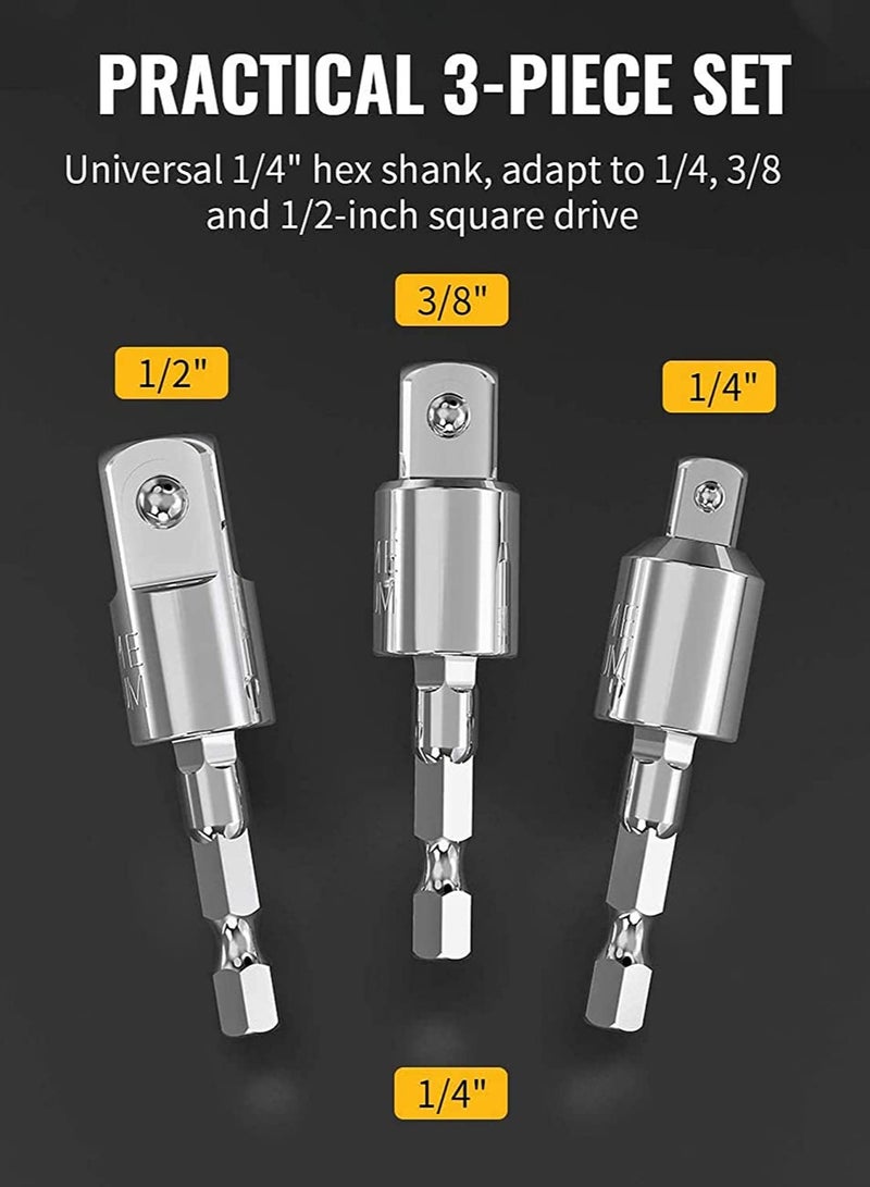 Power Drill Sockets Adapter Impact Driver Adapter 360 Degrees Rotatable Hex Shank Impact Driver Socket Adapter Socket to Drill Adapter 1/4" 3/8" 1/2" Impact Driver Adapter 3 Piece - Image 4