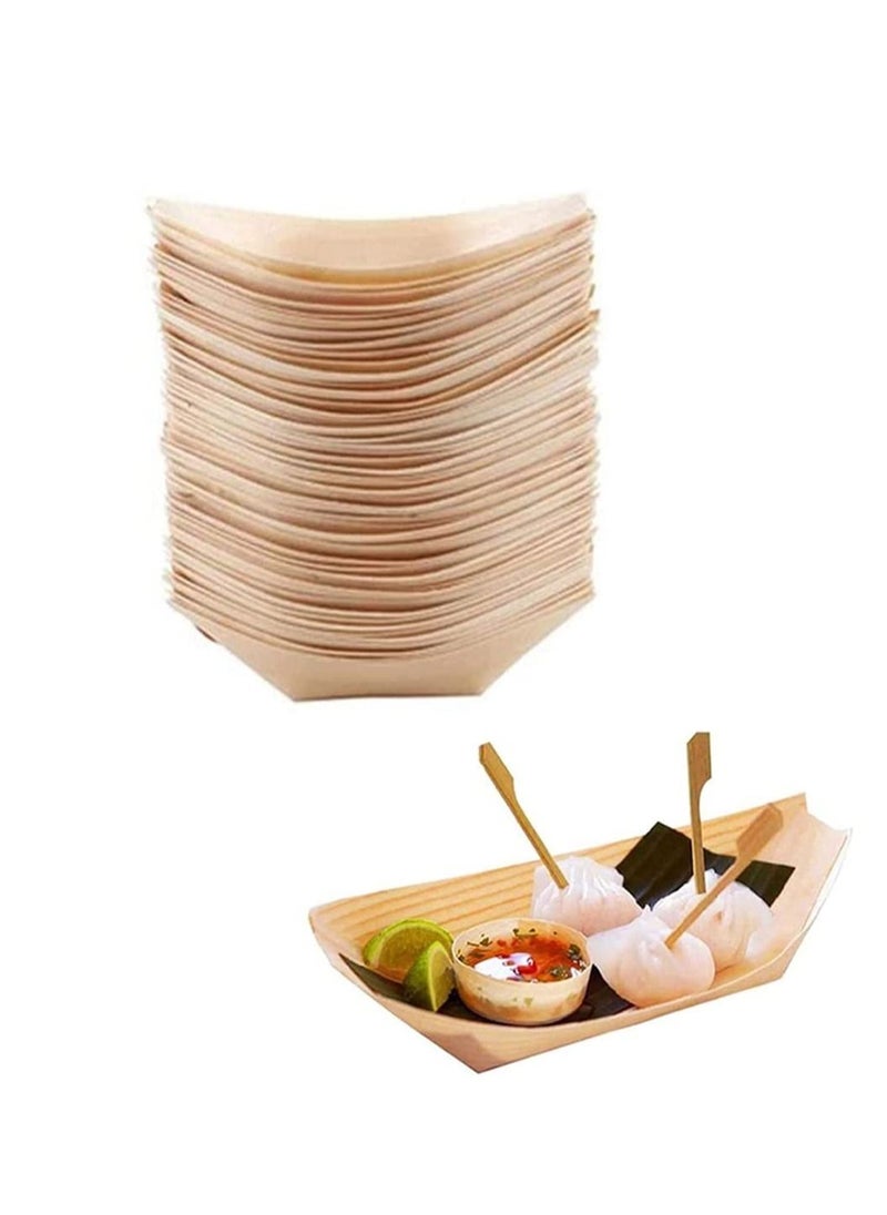 Arabest - 50 pcs Disposable Wood Boat Dishes Plates Wooden Snack Bowls Food Serving Tray Japanese Sashimi Sushi Boat Light Brown for Party Foods, Snacks, Canap, 3 Inches - Image 1