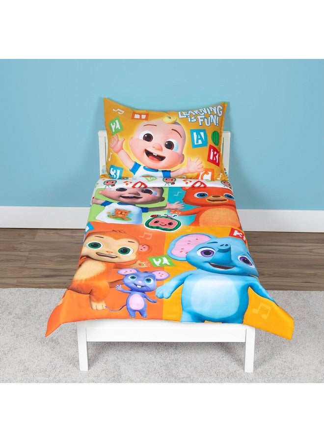 CoComelon Learning is Fun 4 Piece Toddler Bedding Set - Includes Comforter, Sheet Set - Fitted + Top Sheet + Reversible Pillowcase for Boys and Girls Bed, Letters and Music Design, Orange - Image 1