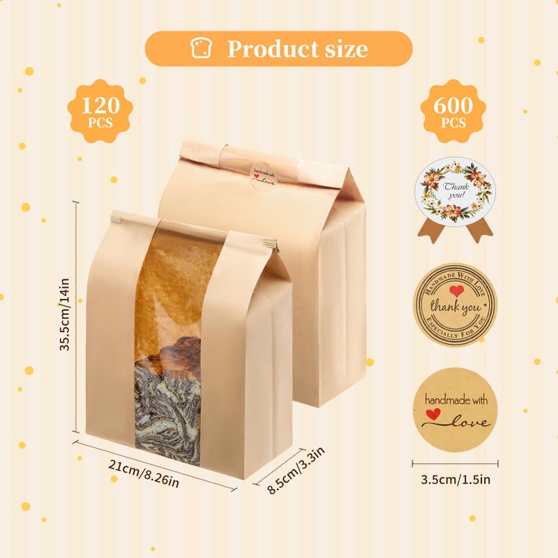 MOPKIUTR 120 Pack Large Kraft Paper Bread Loaf Bag with Tin Tie Tab Lock ï¼Œfor Homemade Bread Loaf Bags 14" x 8.3" x 3.5"ï¼ŒSourdough Bread Bags with Clear Front Window for Baked Food Packaging Storage. (120) - Image 3