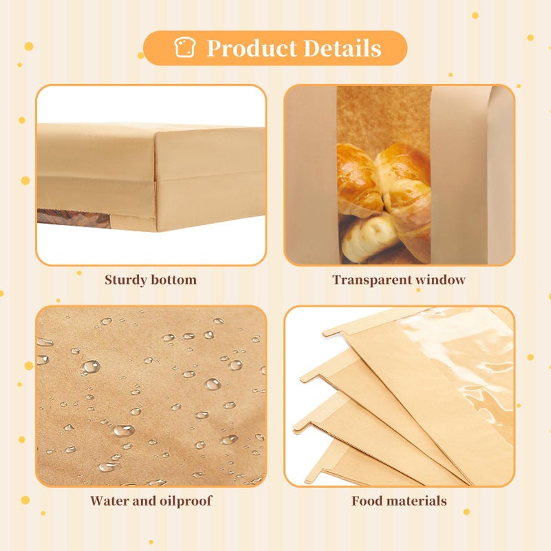MOPKIUTR 120 Pack Large Kraft Paper Bread Loaf Bag with Tin Tie Tab Lock ï¼Œfor Homemade Bread Loaf Bags 14" x 8.3" x 3.5"ï¼ŒSourdough Bread Bags with Clear Front Window for Baked Food Packaging Storage. (120) - Image 4