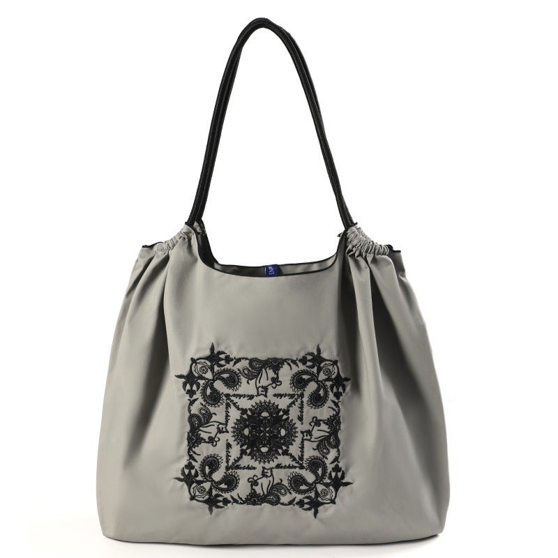 Original Underarm Bag Environmentally Friendly Shopping Bag Waterproof Nylon Portable Shoulder Bag Womens Embroidered Exquisite Bag Crossbody Bag for Women light gray Datura cashew flower
