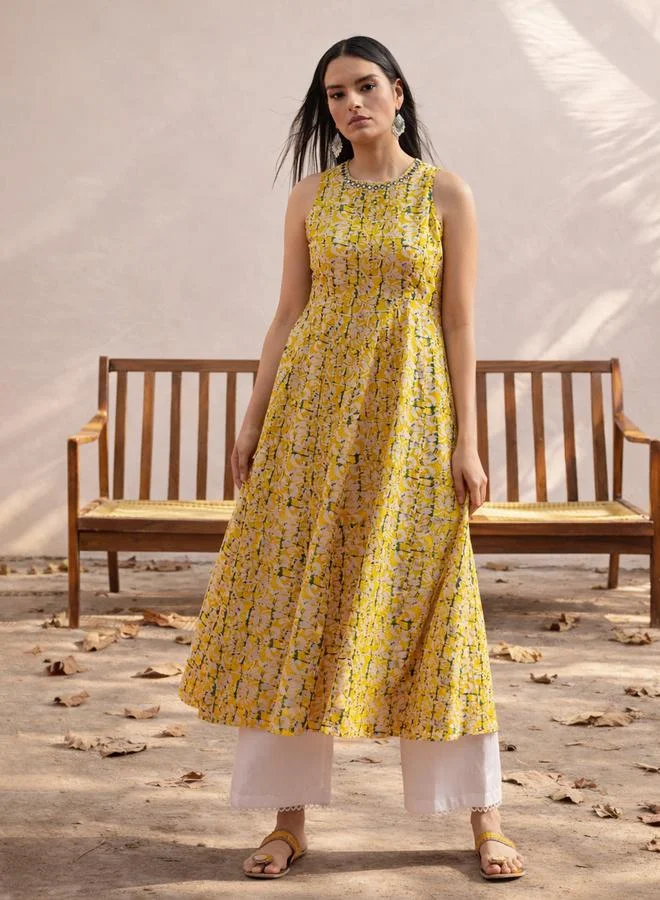 Yellow Floral Embroidered Sleeveless Kurta