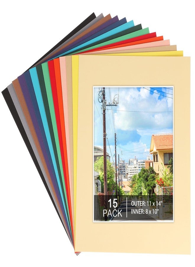 Prudiut 15 Pack 11x14 Picture Mats, Mixed Colors Frame Mattes for 8 x10 Pictures Photo Frame Mat Core Bevel Cut Mat Board Show Kit for Photos, Prints, Artworks - Image 1
