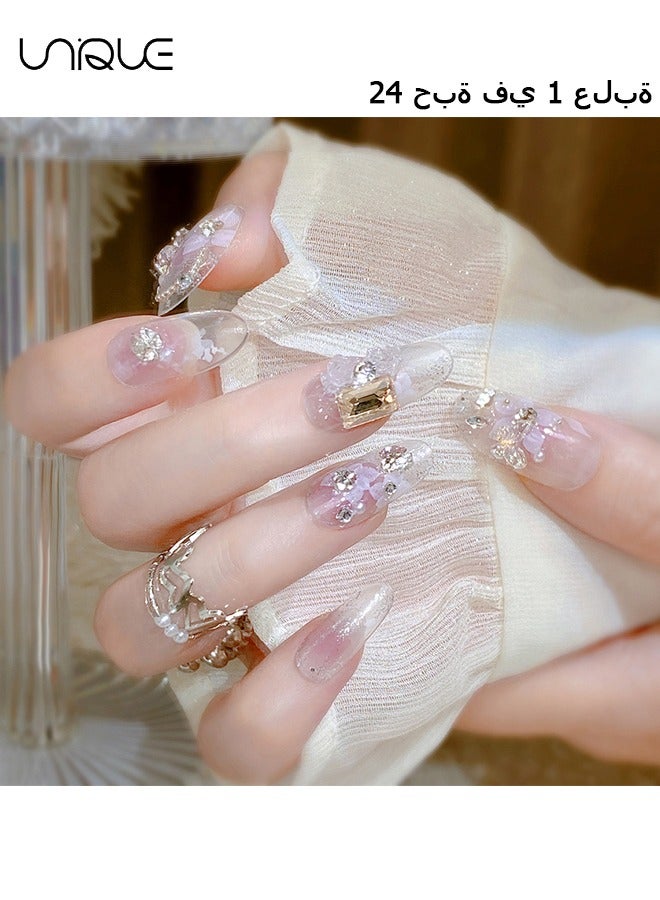 Unique 24Pcs Fake Nails, Press Nails, Mid-length Ballet Manicure - Sparkling Diamond Pearl Manicure - Printed Rhinestones Manicure - Fake Nail Patch - Image 1