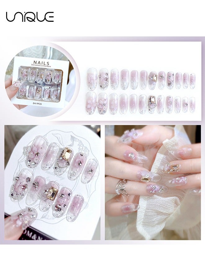 Unique 24Pcs Fake Nails, Press Nails, Mid-length Ballet Manicure - Sparkling Diamond Pearl Manicure - Printed Rhinestones Manicure - Fake Nail Patch - Image 2