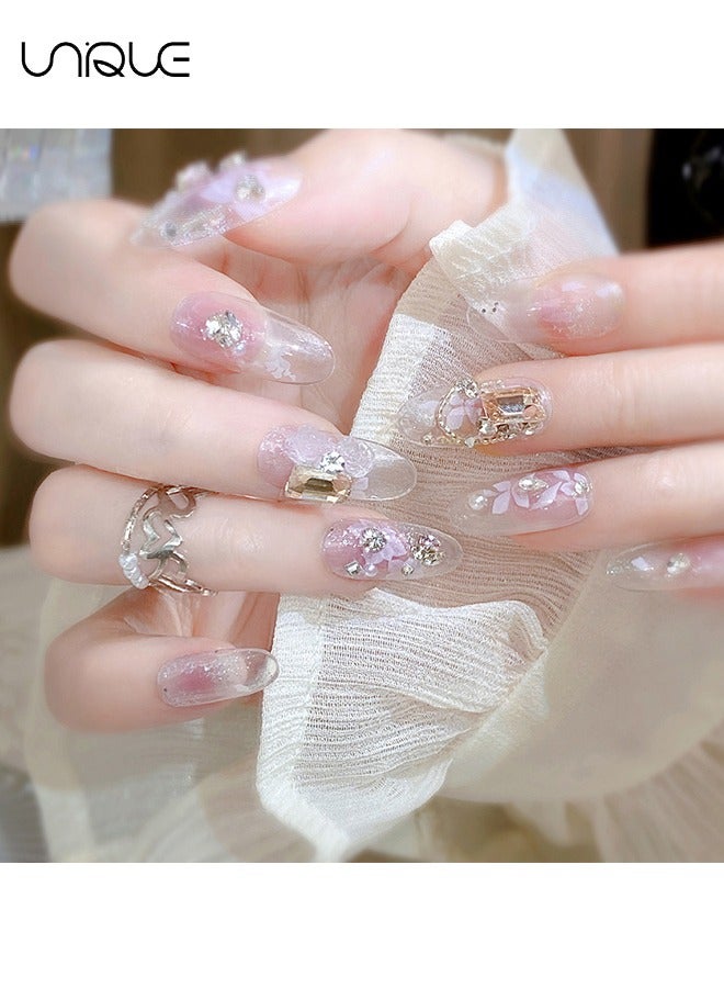 Unique 24Pcs Fake Nails, Press Nails, Mid-length Ballet Manicure - Sparkling Diamond Pearl Manicure - Printed Rhinestones Manicure - Fake Nail Patch - Image 3