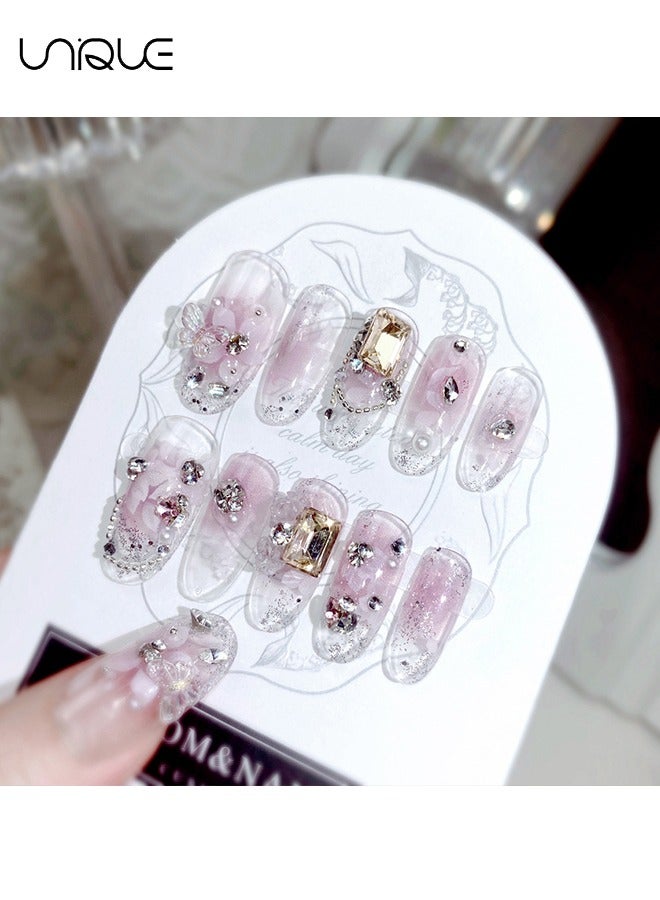 Unique 24Pcs Fake Nails, Press Nails, Mid-length Ballet Manicure - Sparkling Diamond Pearl Manicure - Printed Rhinestones Manicure - Fake Nail Patch - Image 4