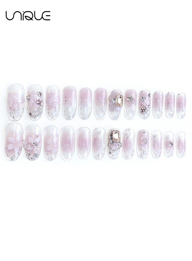 Unique 24Pcs Fake Nails, Press Nails, Mid-length Ballet Manicure - Sparkling Diamond Pearl Manicure - Printed Rhinestones Manicure - Fake Nail Patch - Image 5