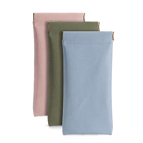 Ldirect 3 Pack Leather Eyeglasses Cases PU Soft Sunglasses Pouch Squeeze Top Portable Glasses Cases for Men Women (Pink Blue Green) - Image 1