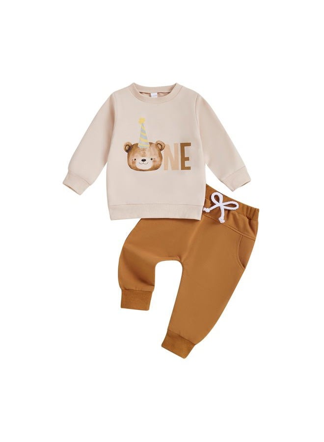 Frietlebird Baby Boy First Birthday Outfit Long Sleeve One Year Birthday Sweatshirt and Pants Sets Cake Smash Outfit 2Pcs, B-beige Brown, 6-12 Months - Image 1