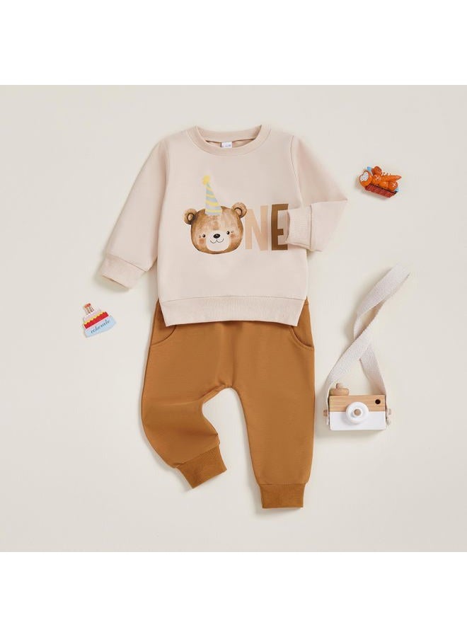 Frietlebird Baby Boy First Birthday Outfit Long Sleeve One Year Birthday Sweatshirt and Pants Sets Cake Smash Outfit 2Pcs, B-beige Brown, 6-12 Months - Image 2