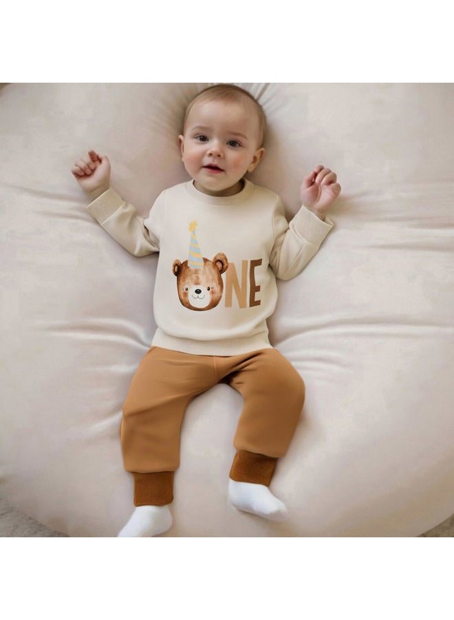 Frietlebird Baby Boy First Birthday Outfit Long Sleeve One Year Birthday Sweatshirt and Pants Sets Cake Smash Outfit 2Pcs, B-beige Brown, 6-12 Months - Image 3