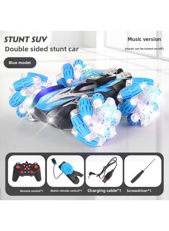 لعبة سيارة للأطفال تعمل بالتحكم عن بعد على الطرق الوعرة على الوجهين، مجموعة لعب سيارة تسلق دوارة من البلاستيك المتين - اللون: إصدار موسيقى خفيف مزدوج الجانب باللون الأزرق (ساعة + جهاز تحكم عن بعد) - Image 1