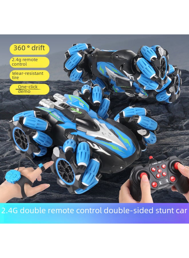 لعبة سيارة للأطفال تعمل بالتحكم عن بعد على الطرق الوعرة على الوجهين، مجموعة لعب سيارة تسلق دوارة من البلاستيك المتين - اللون: إصدار موسيقى خفيف مزدوج الجانب باللون الأزرق (ساعة + جهاز تحكم عن بعد) - Image 4